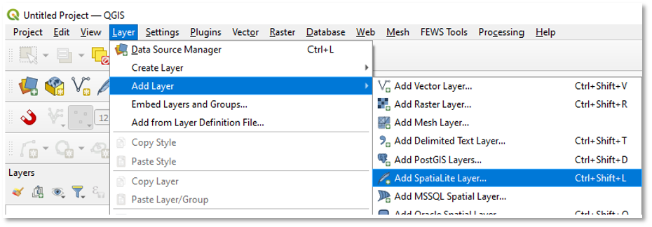 QGIS main menu with Layer menu open. Add layer is selected, then Add SpatiaLite layer is highlighted.